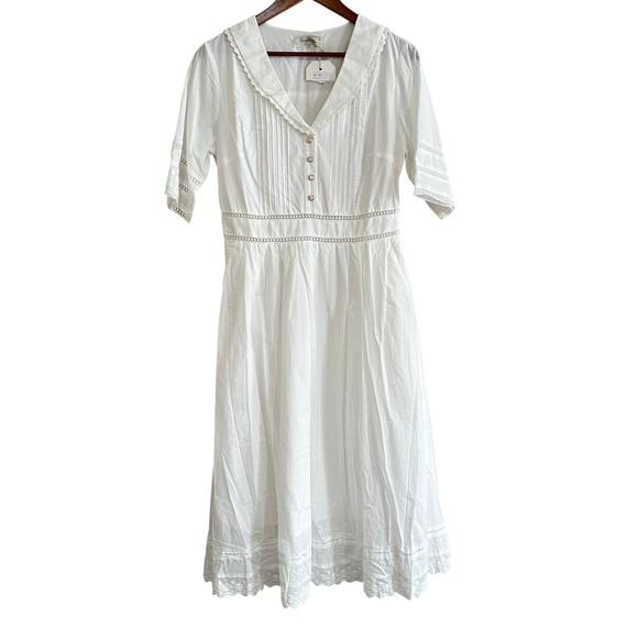 Simple Retro Fiona V Neck White Cotton Eyelet Lace Sailor Collar Midi Dress NWT - Picture 2 of 13